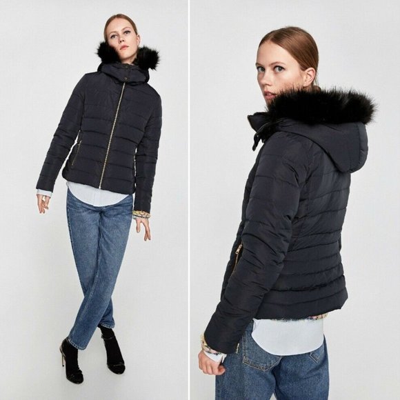 Zara Quilted Down Puffer Jacket with Faux Fur Textured Hood Navy & Gold - Picture 5 of 13